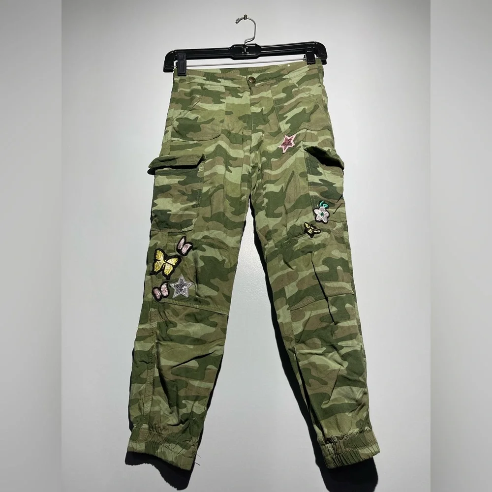 Justice Green Camouflage Cargo Pants with Butterfly Accents